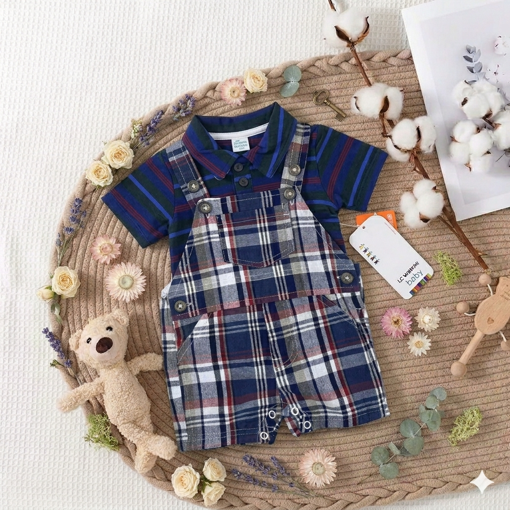 Ensemble Bébé Salopette à Carreaux & Polo Rayé