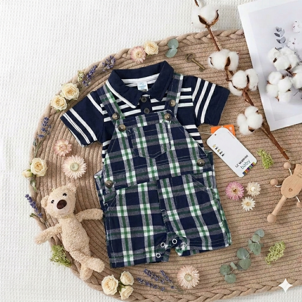 Ensemble Bébé Salopette à Carreaux & Polo Rayé