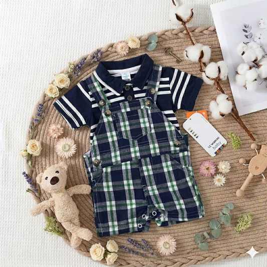 Ensemble Bébé Salopette à Carreaux & Polo Rayé
